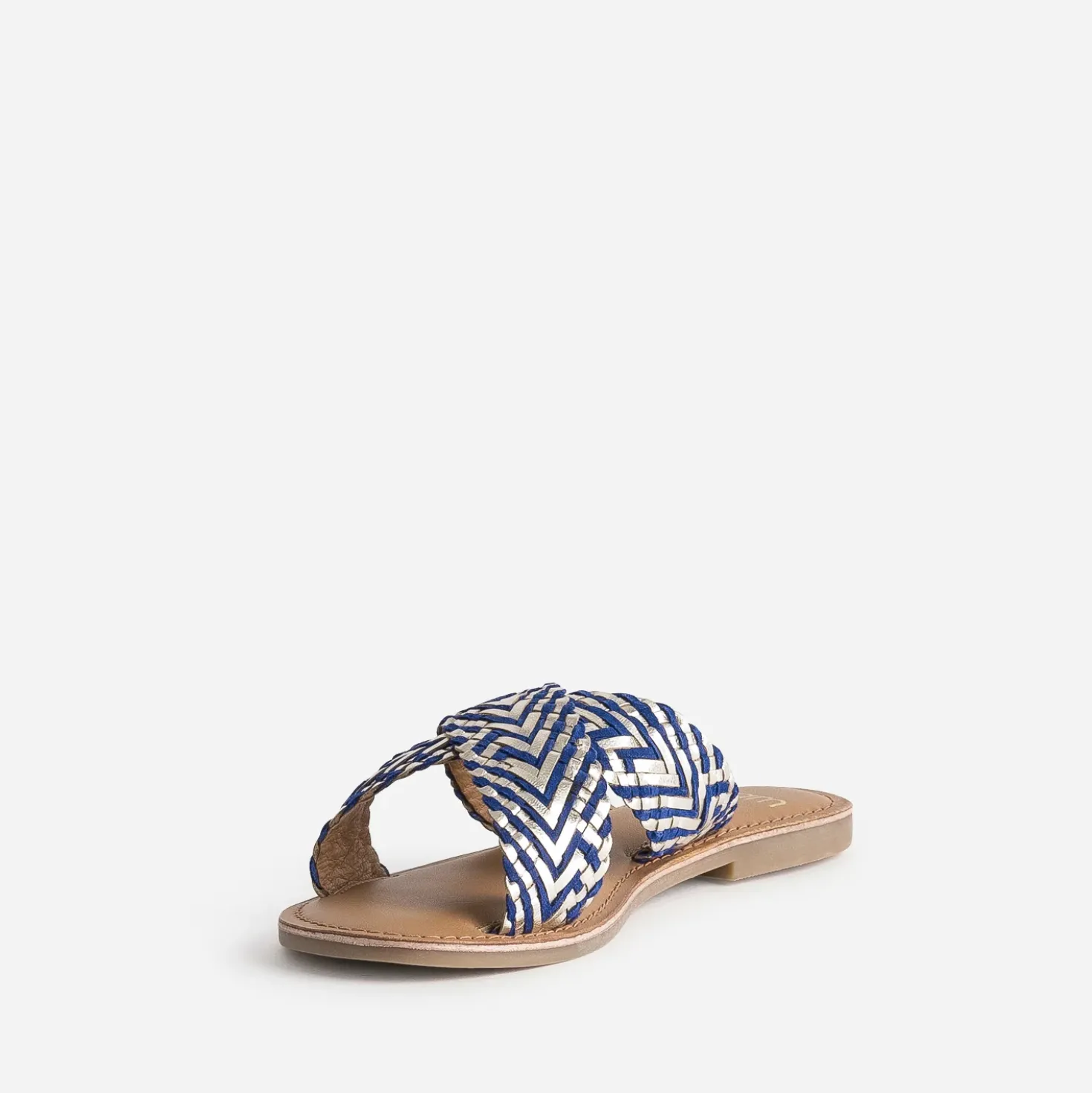 Mule dorée et bleue cuir tressé