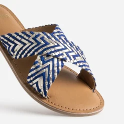 Mule dorée et bleue cuir tressé