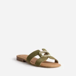 Mule kaki cuir velours et anneau