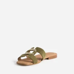 Mule kaki cuir velours et anneau