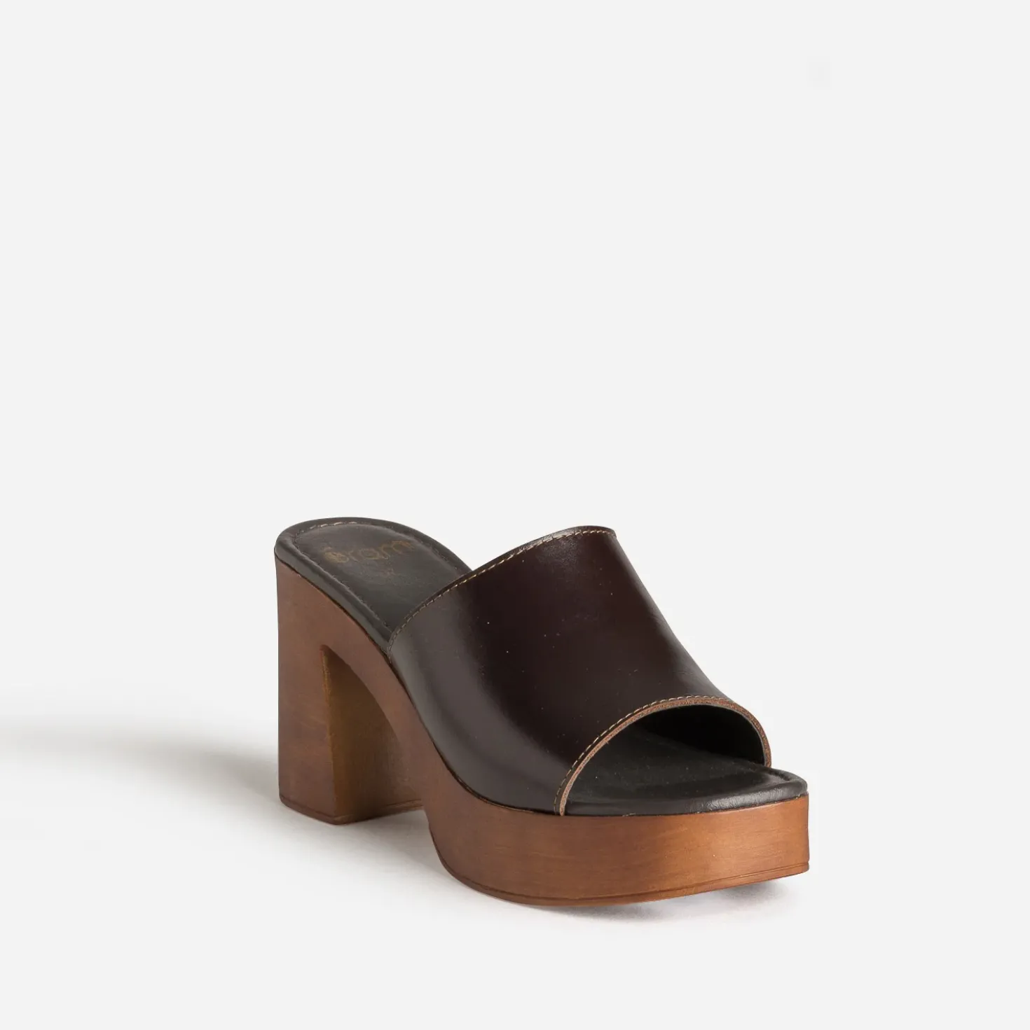Mule marron foncé cuir semelle effet bois