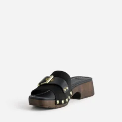Mule noire cuir velours décor boucle
