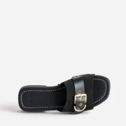 Mule noire cuir velours décor boucle