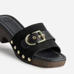 Mule noire cuir velours décor boucle
