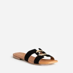 Mule noire cuir velours et anneau