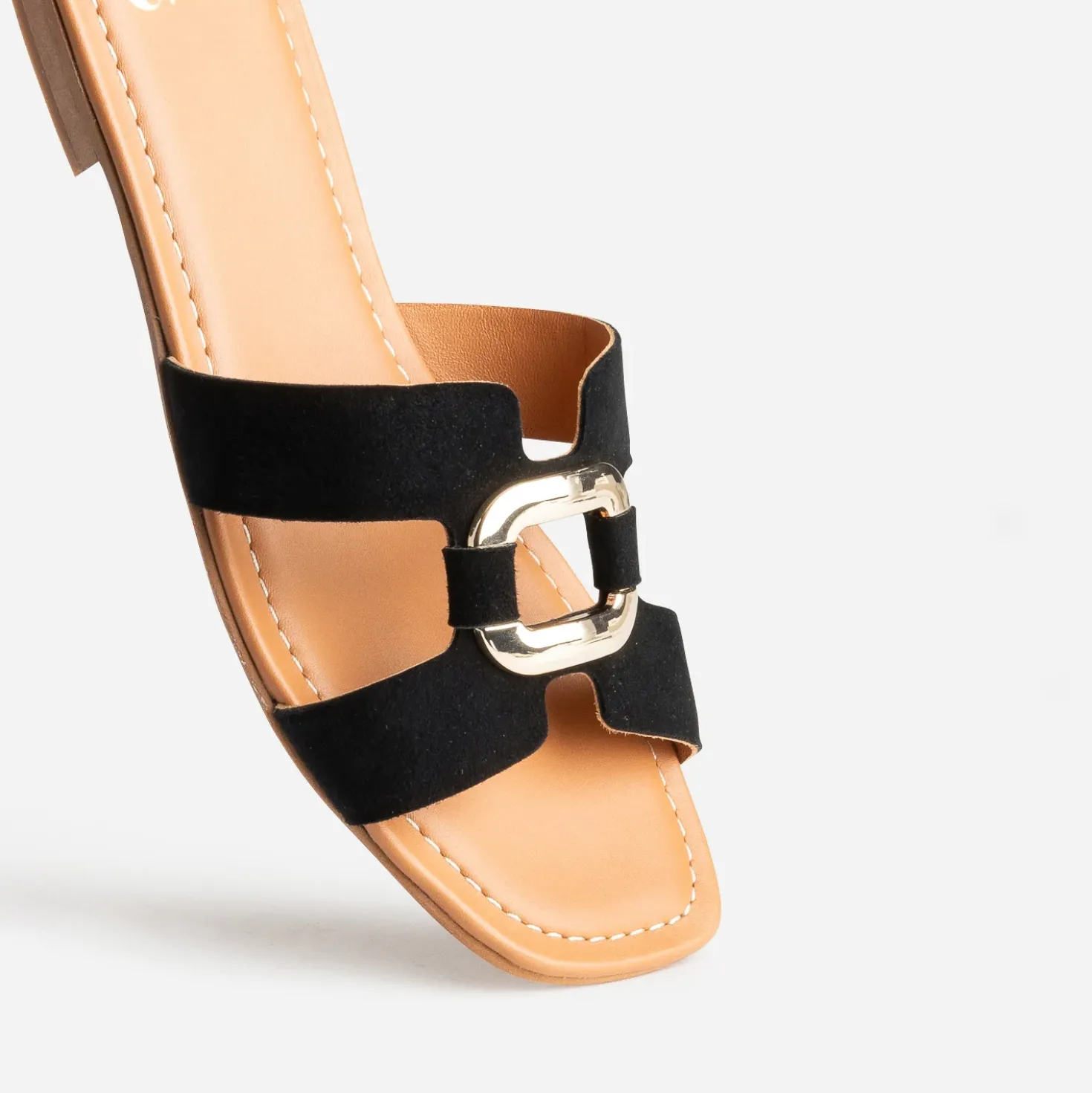 Mule noire cuir velours et anneau