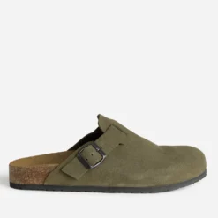 Mule-sabot anatomique kaki cuir velours