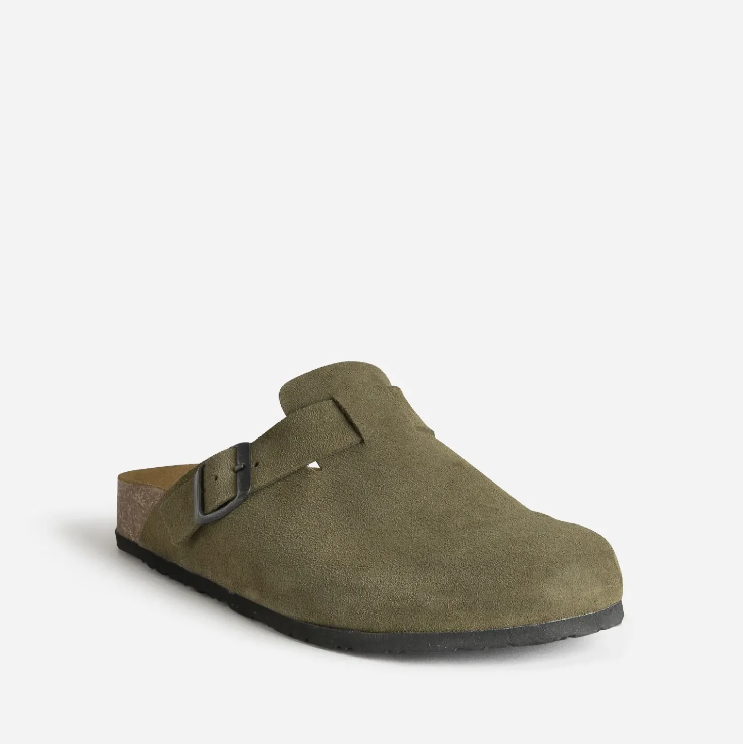 Mule-sabot anatomique kaki cuir velours