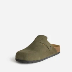 Mule-sabot anatomique kaki cuir velours