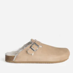 Mule-sabot beige cuir velours fourré
