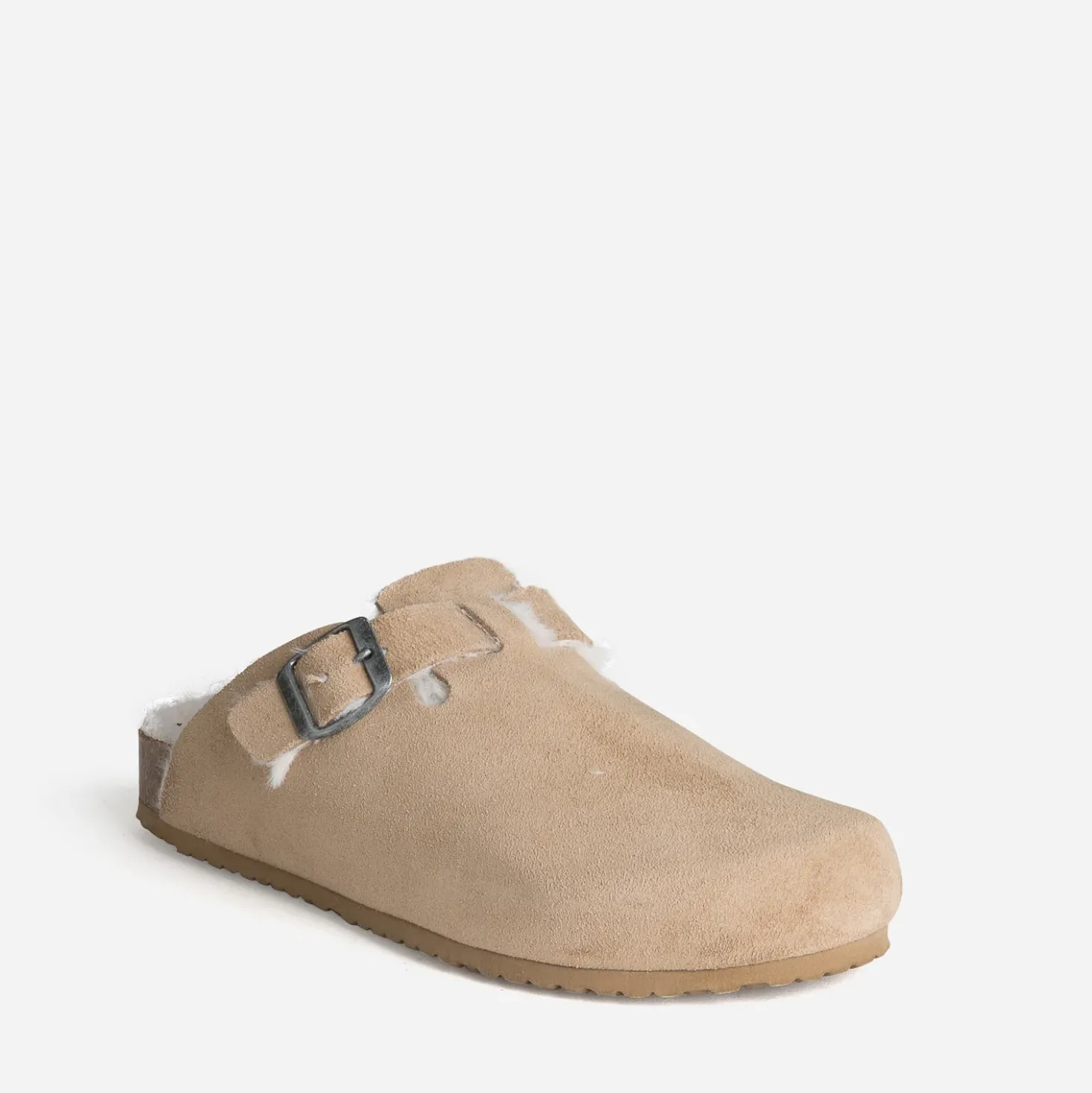 Mule-sabot beige cuir velours fourré