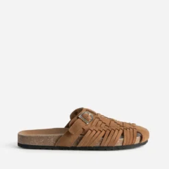 Mule-sabot camel cuir velours tressé
