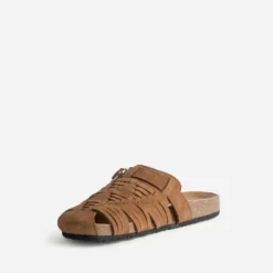 Mule-sabot camel cuir velours tressé