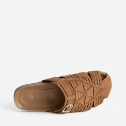 Mule-sabot camel cuir velours tressé