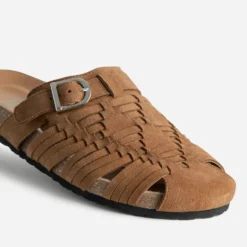 Mule-sabot camel cuir velours tressé