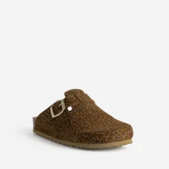 Mule-sabot camel cuir velours motif léopard