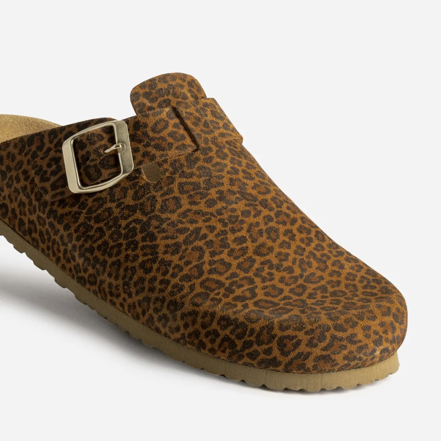 Mule-sabot camel cuir velours motif léopard