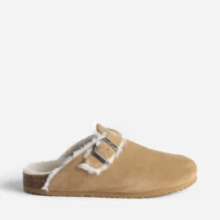 Mule TEXTO beige cuir velours fourré