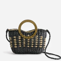 Panier TEXTO noir paille papier anse effet bois