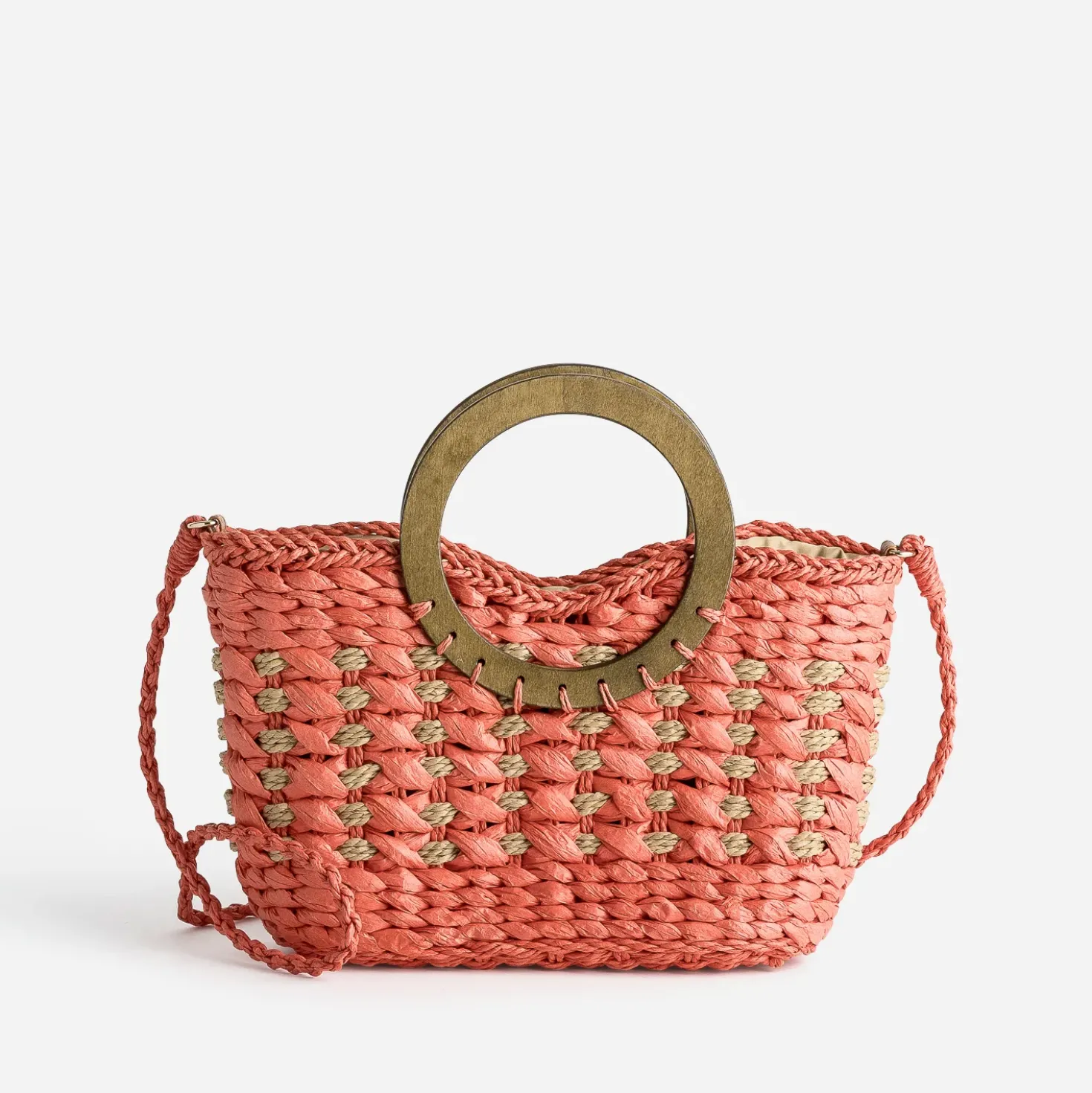 Panier TEXTO orange paille papier anse effet bois