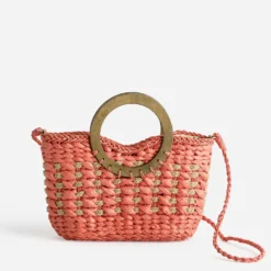 Panier TEXTO orange paille papier anse effet bois