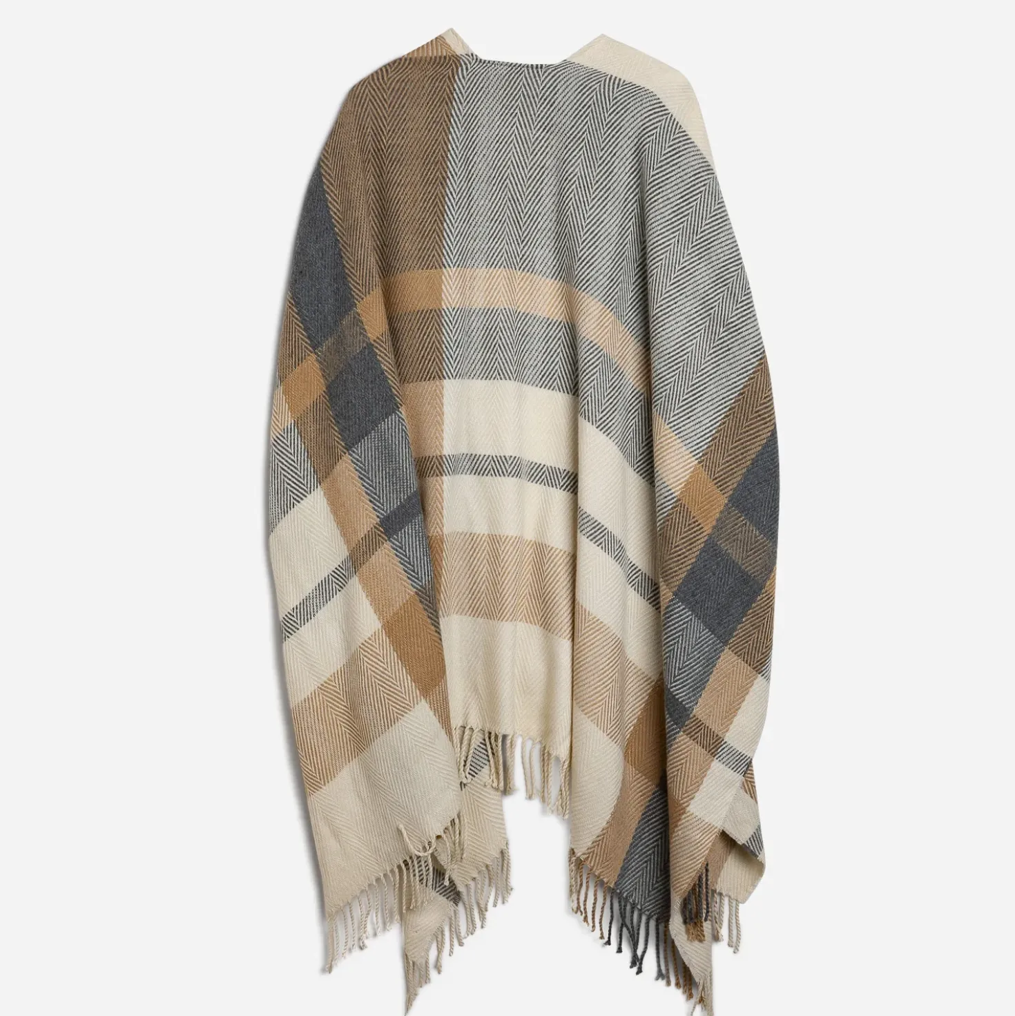 Poncho camel, écru, gris à motif carreaux
