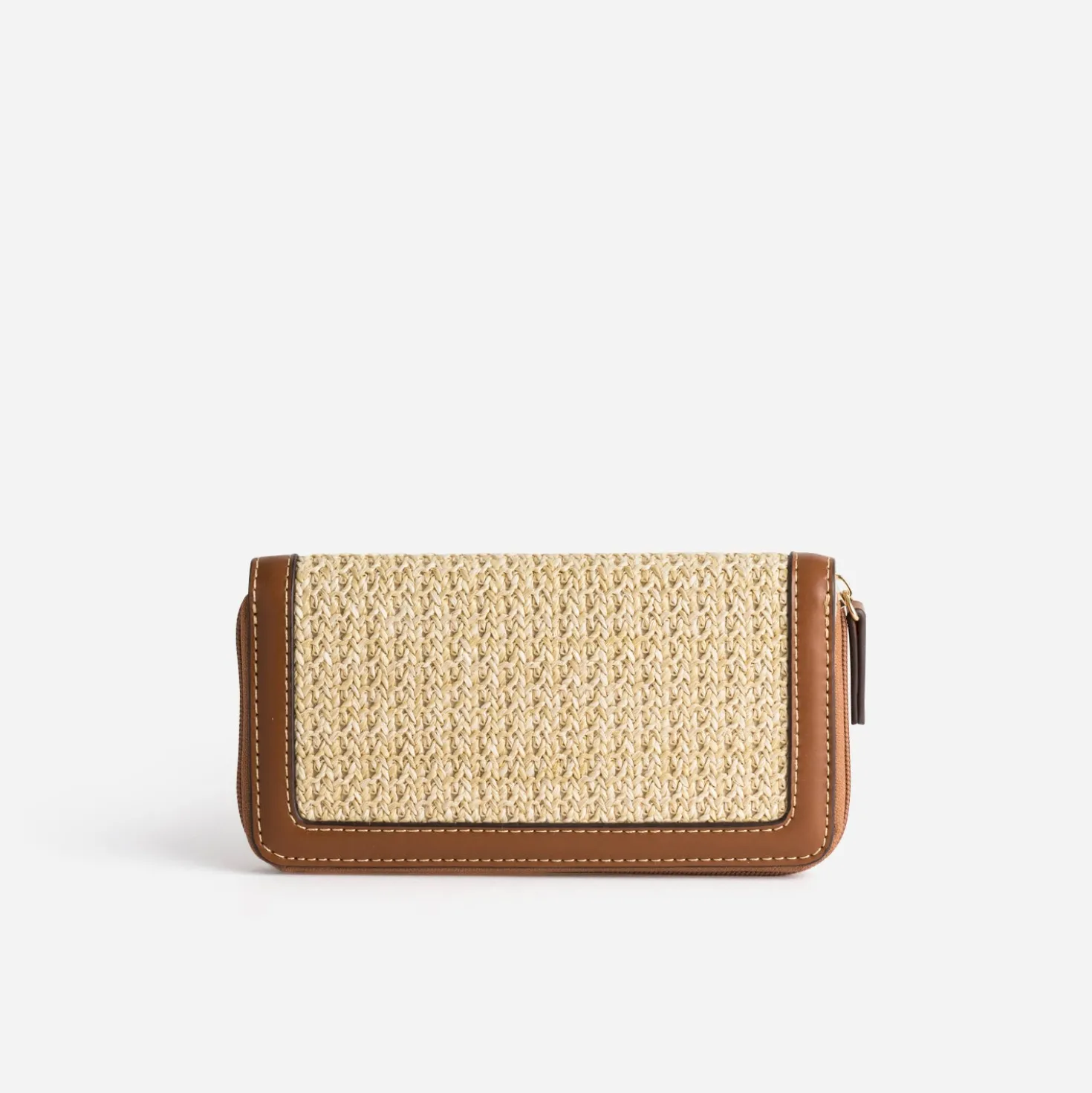 Portefeuille beige tressé bordures cognac