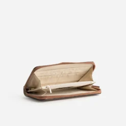 Portefeuille beige tressé bordures cognac