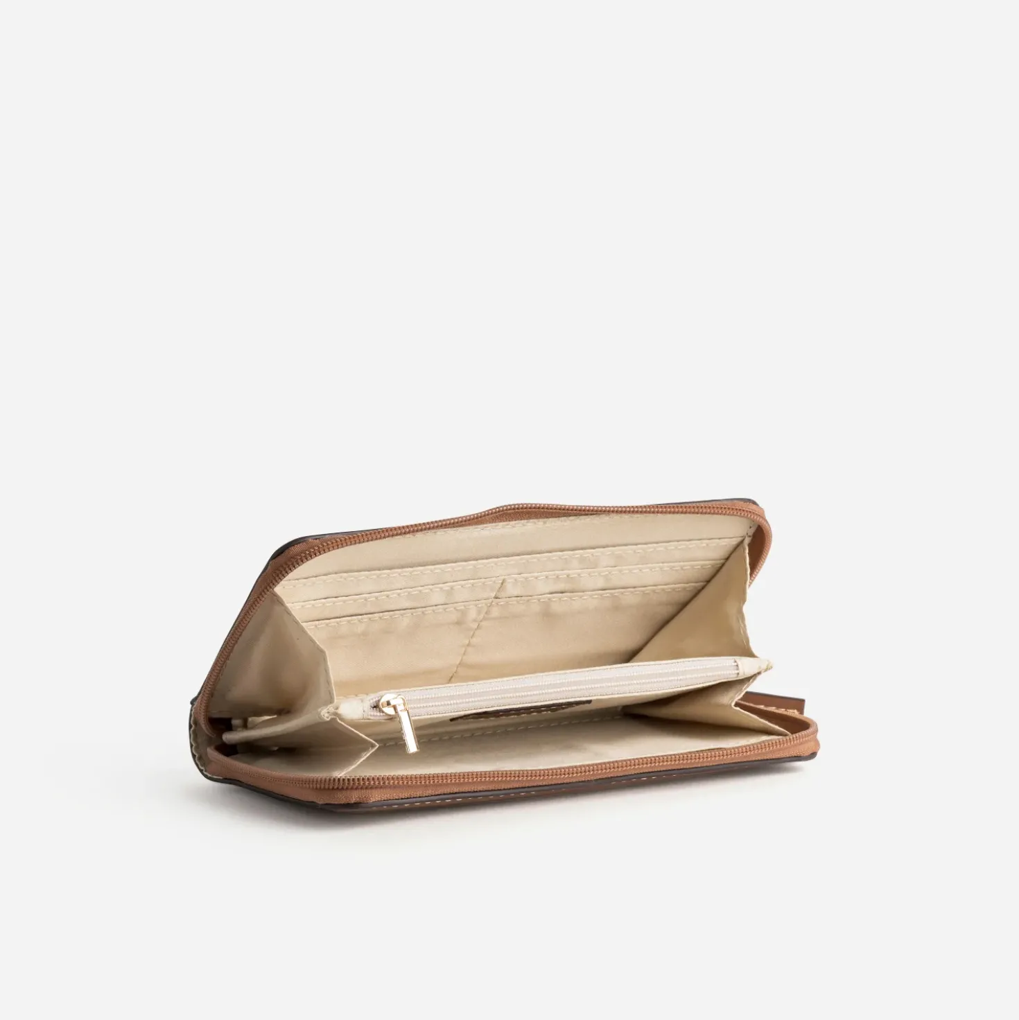 Portefeuille beige tressé bordures cognac