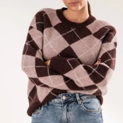 Pull ERAM WEAR bordeaux tricot motif losanges
