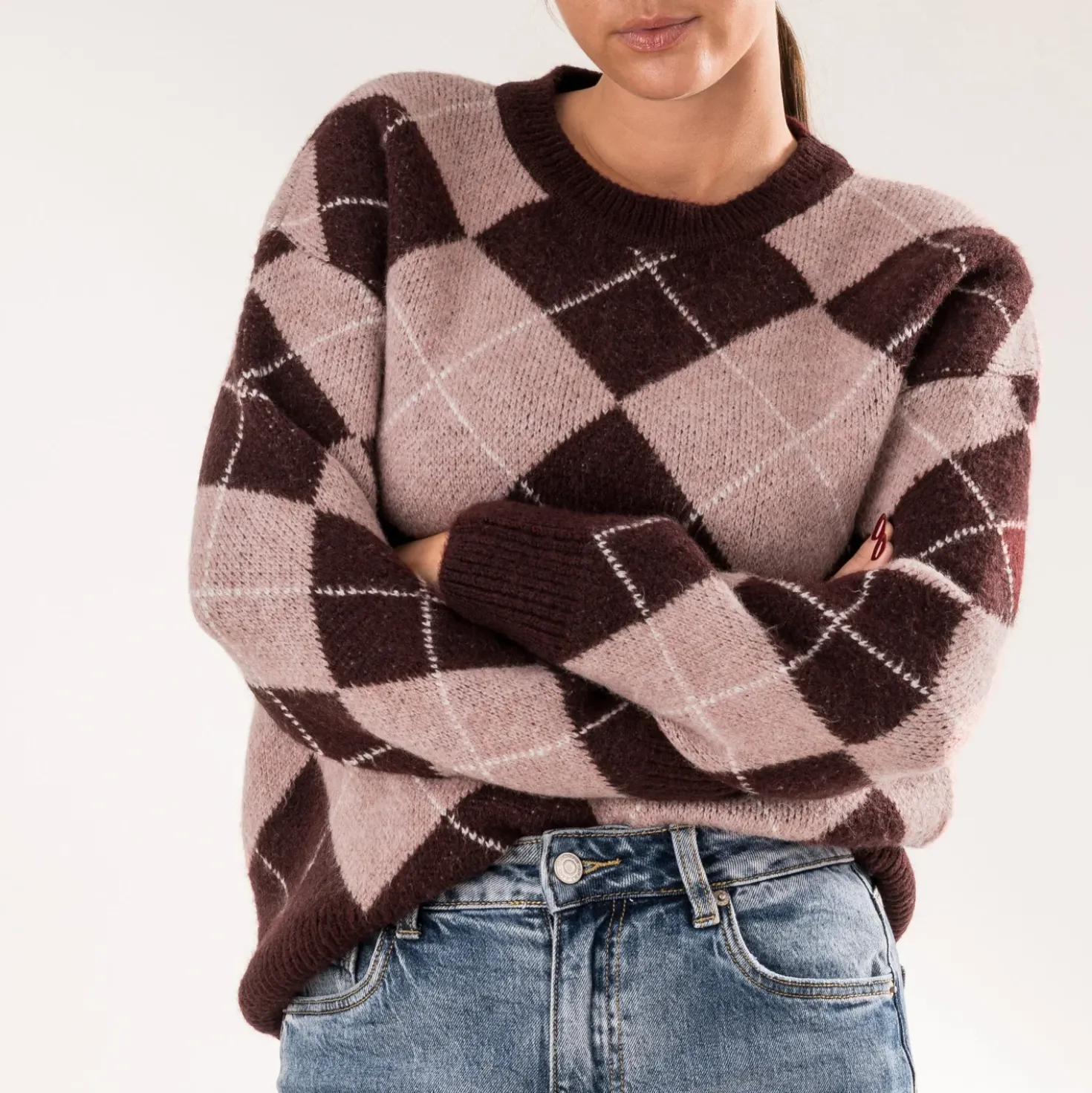 Pull ERAM WEAR bordeaux tricot motif losanges