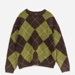 Pull ERAM WEAR marron tricot motif losanges verts