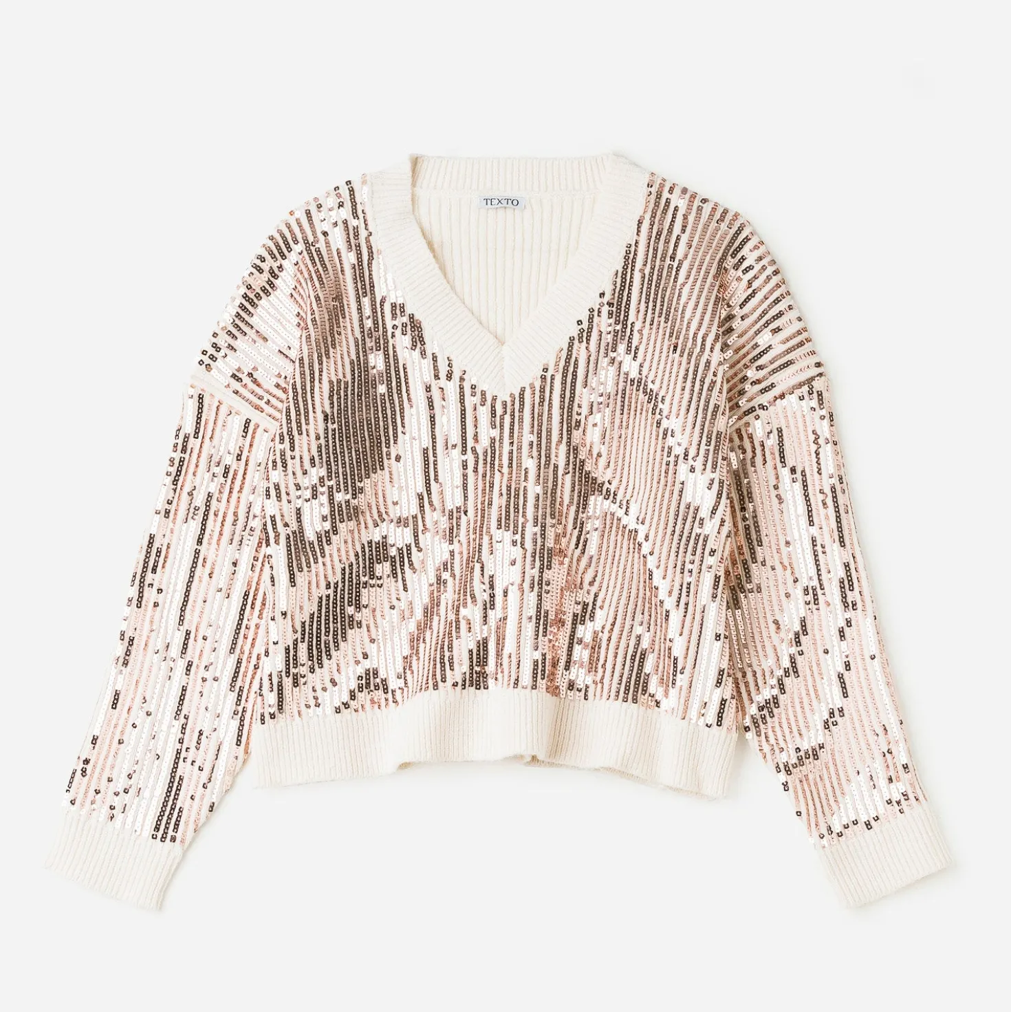 Pull TEXTO écru brodé sequins rose cuivré