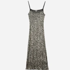 Robe longue TEXTO noire sequins argentés