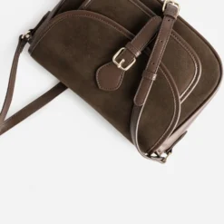 Sac bandoulière marron bi-matière