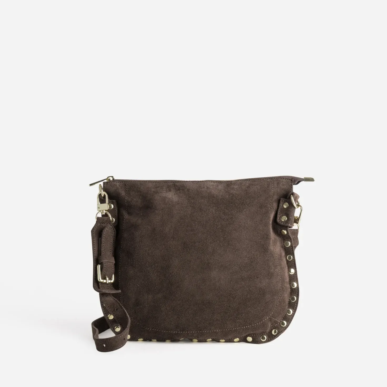 Sac besace marron cuir velours décor clous