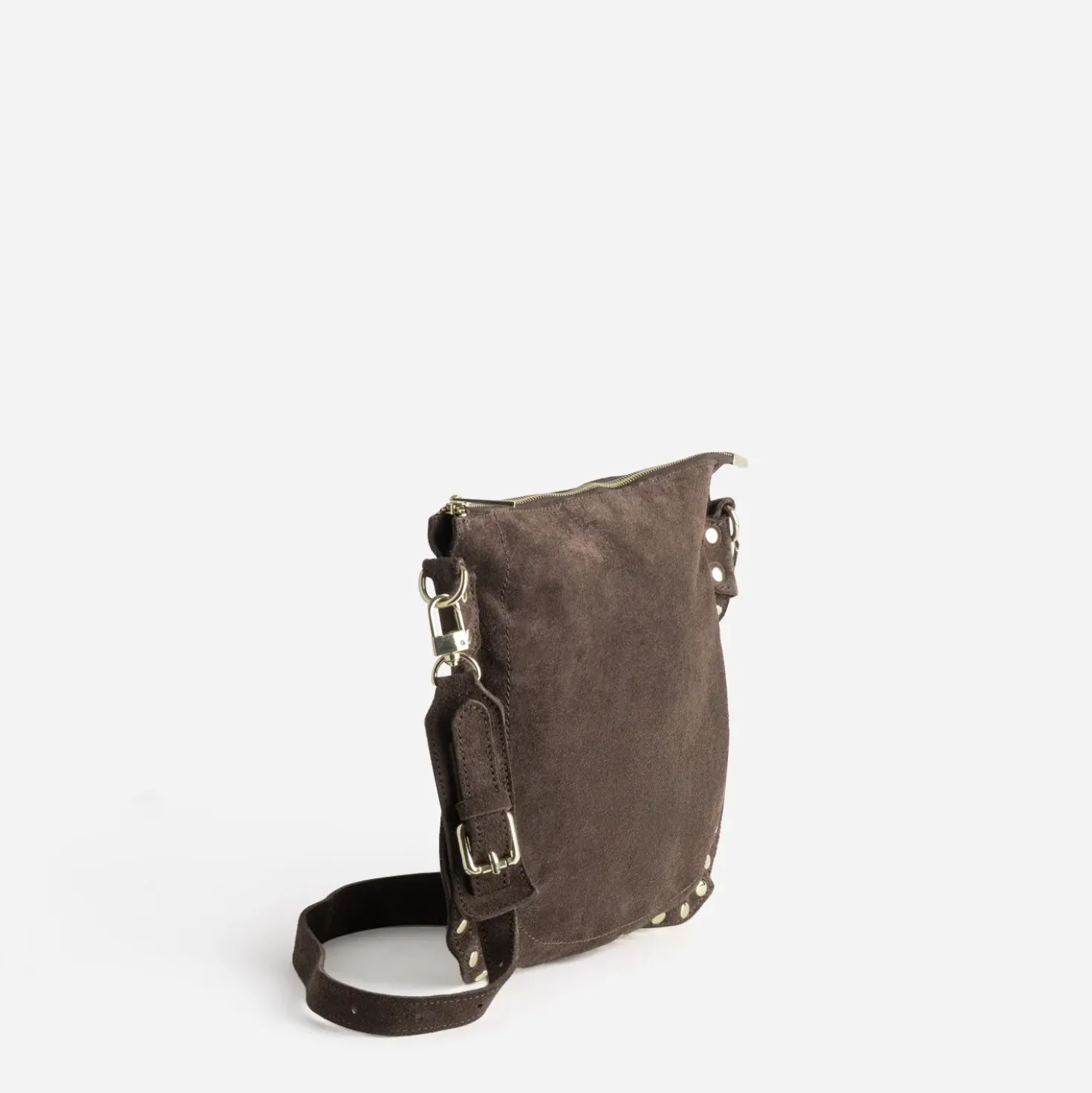 Sac besace marron cuir velours décor clous