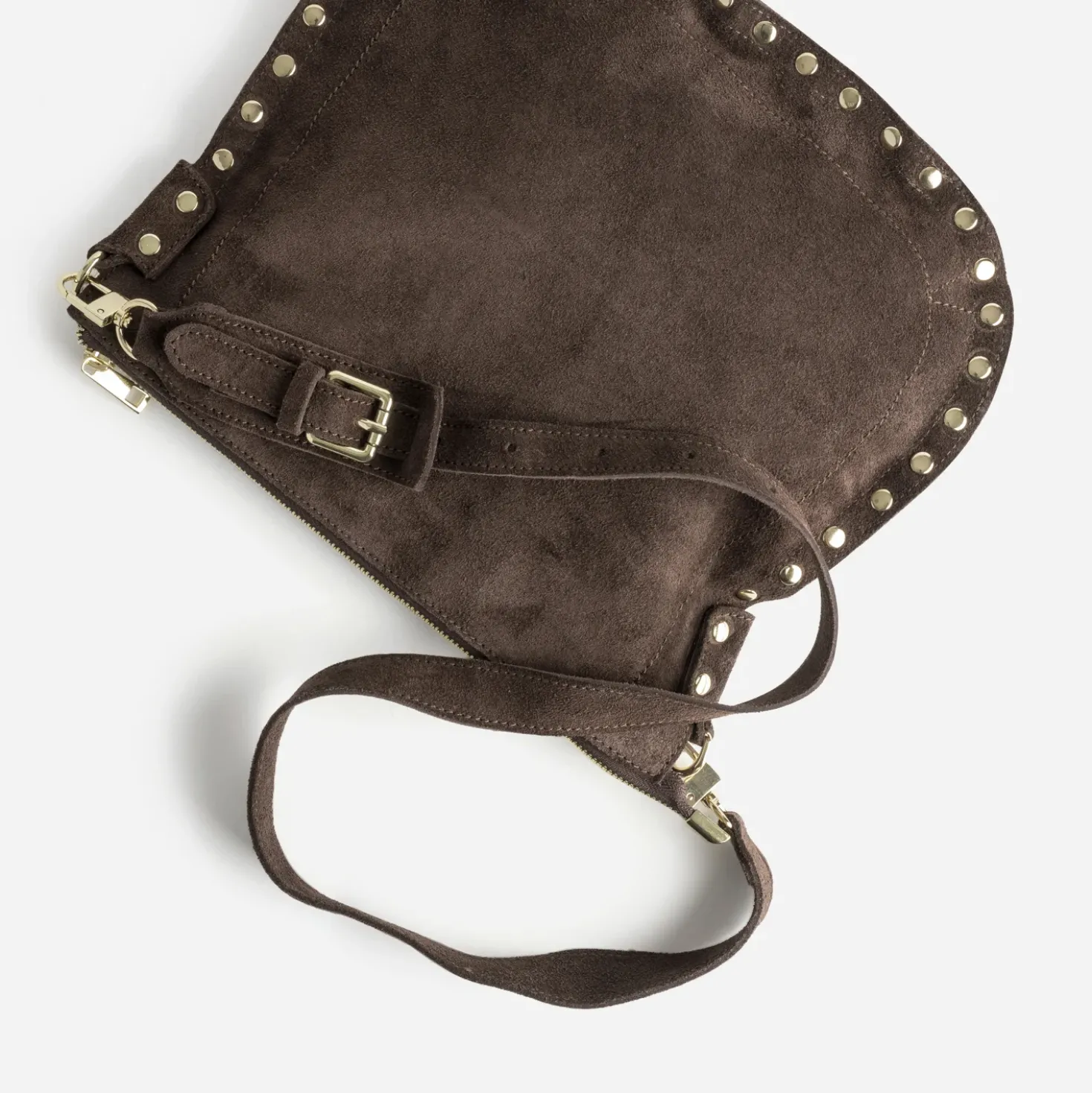 Sac besace marron cuir velours décor clous