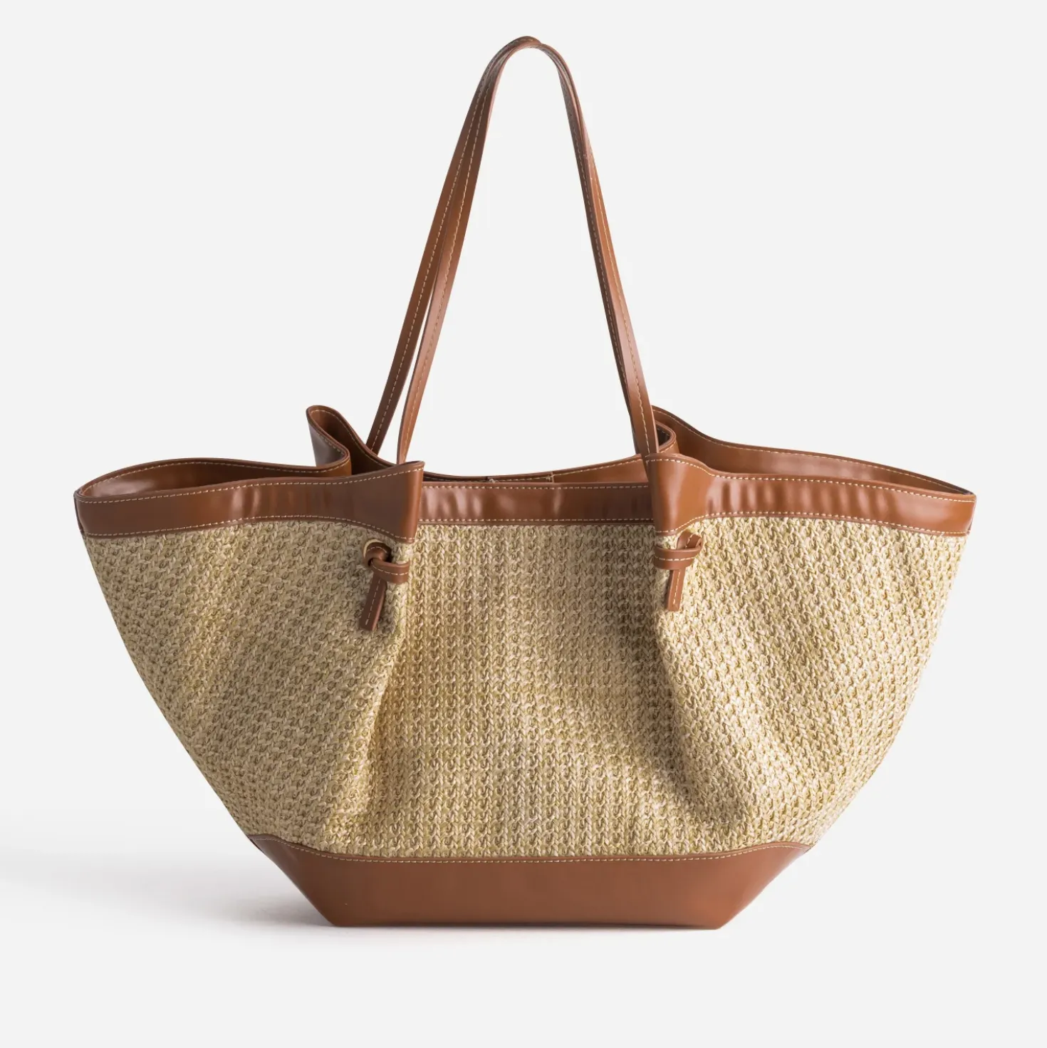 Sac cabas beige tressé et camel