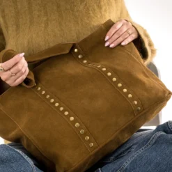 Sac cabas camel cuir velours