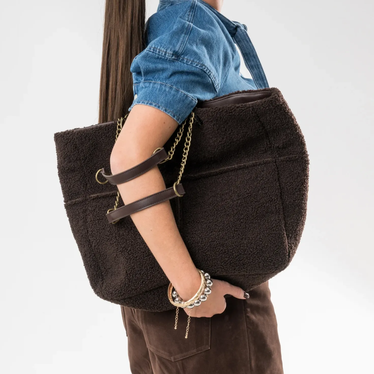 Sac cabas marron patchwork bouclette