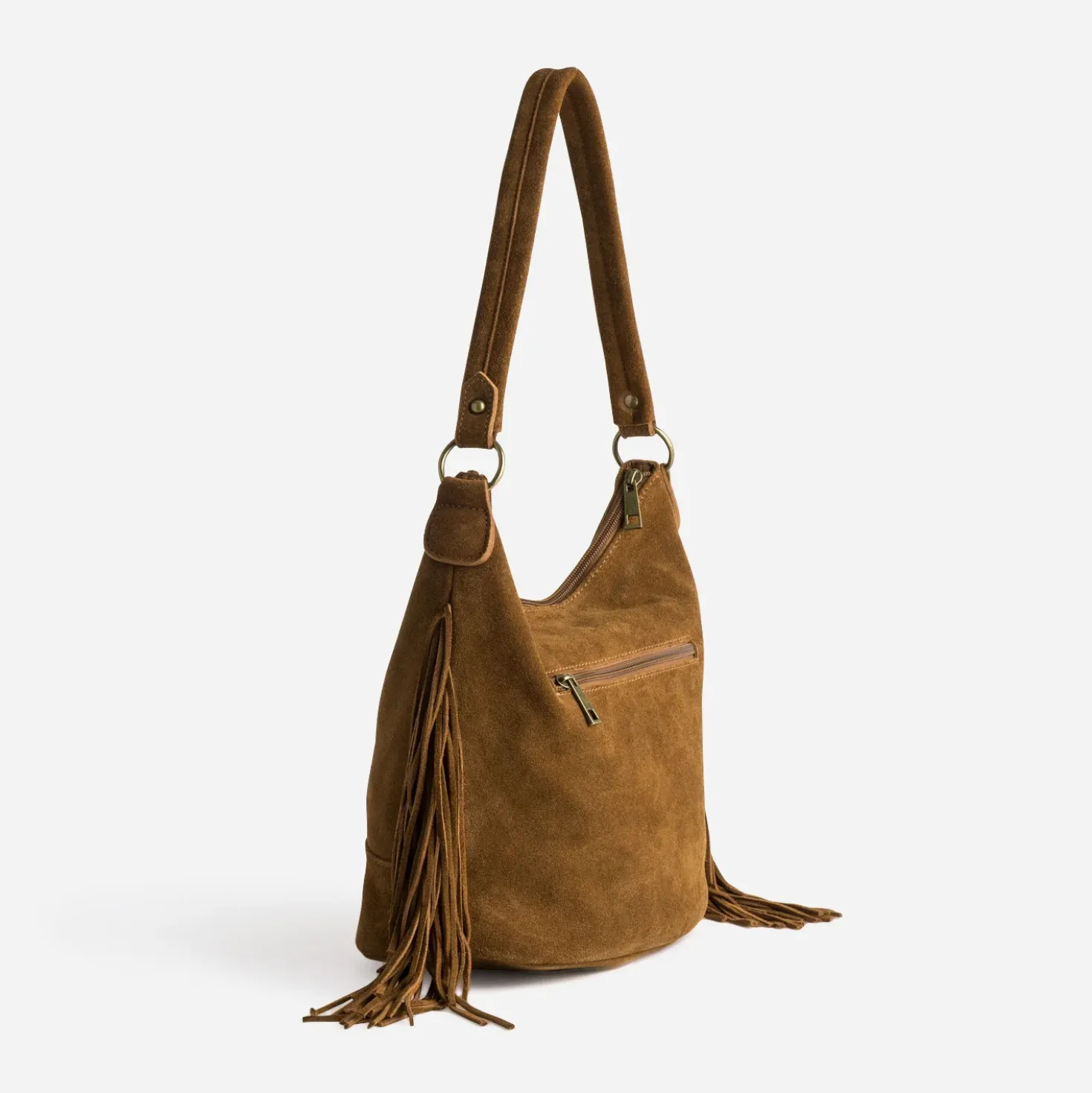 Sac Hobo camel cuir velours détail franges