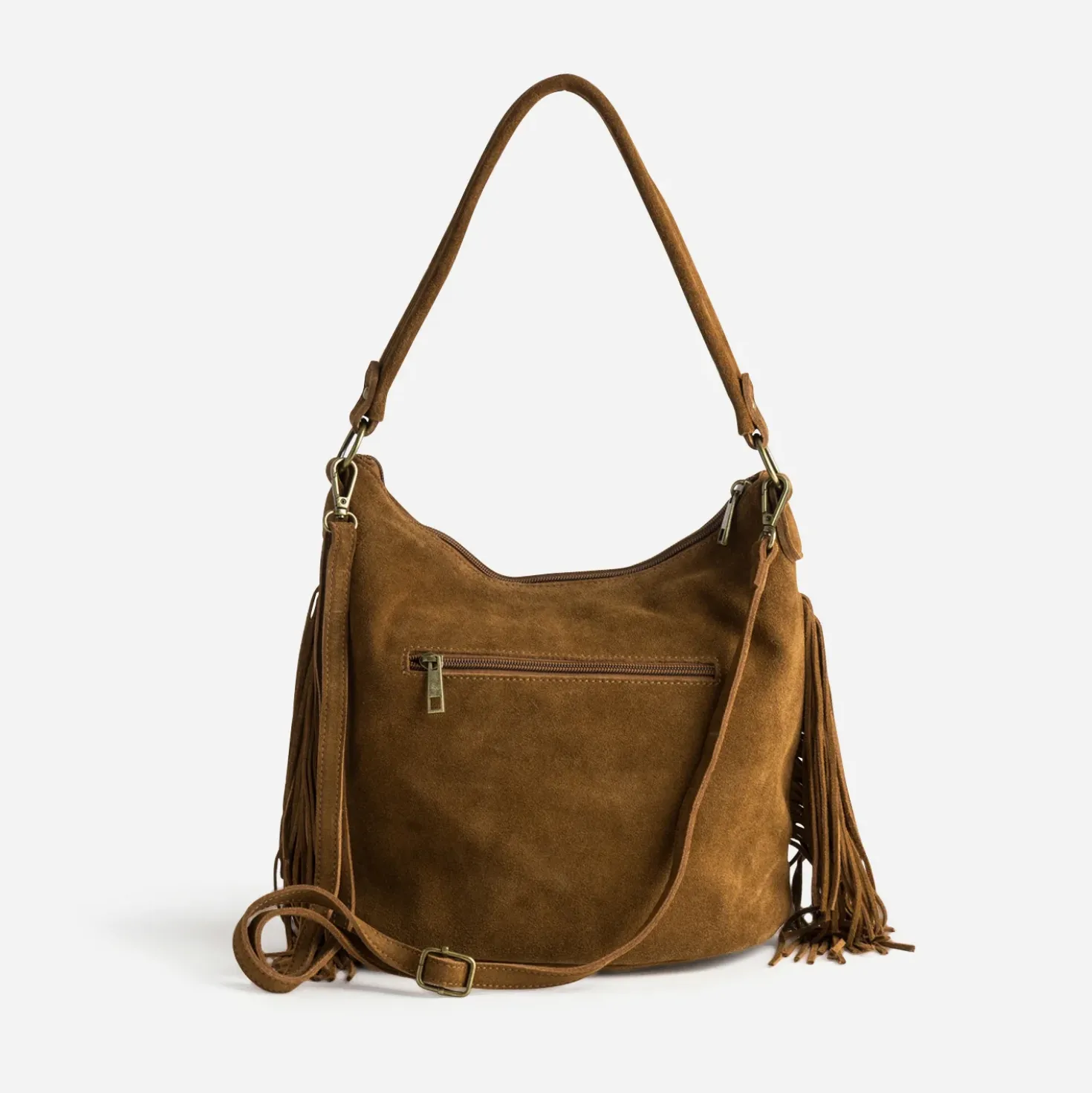 Sac Hobo camel cuir velours détail franges