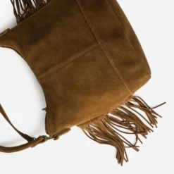 Sac Hobo camel cuir velours détail franges