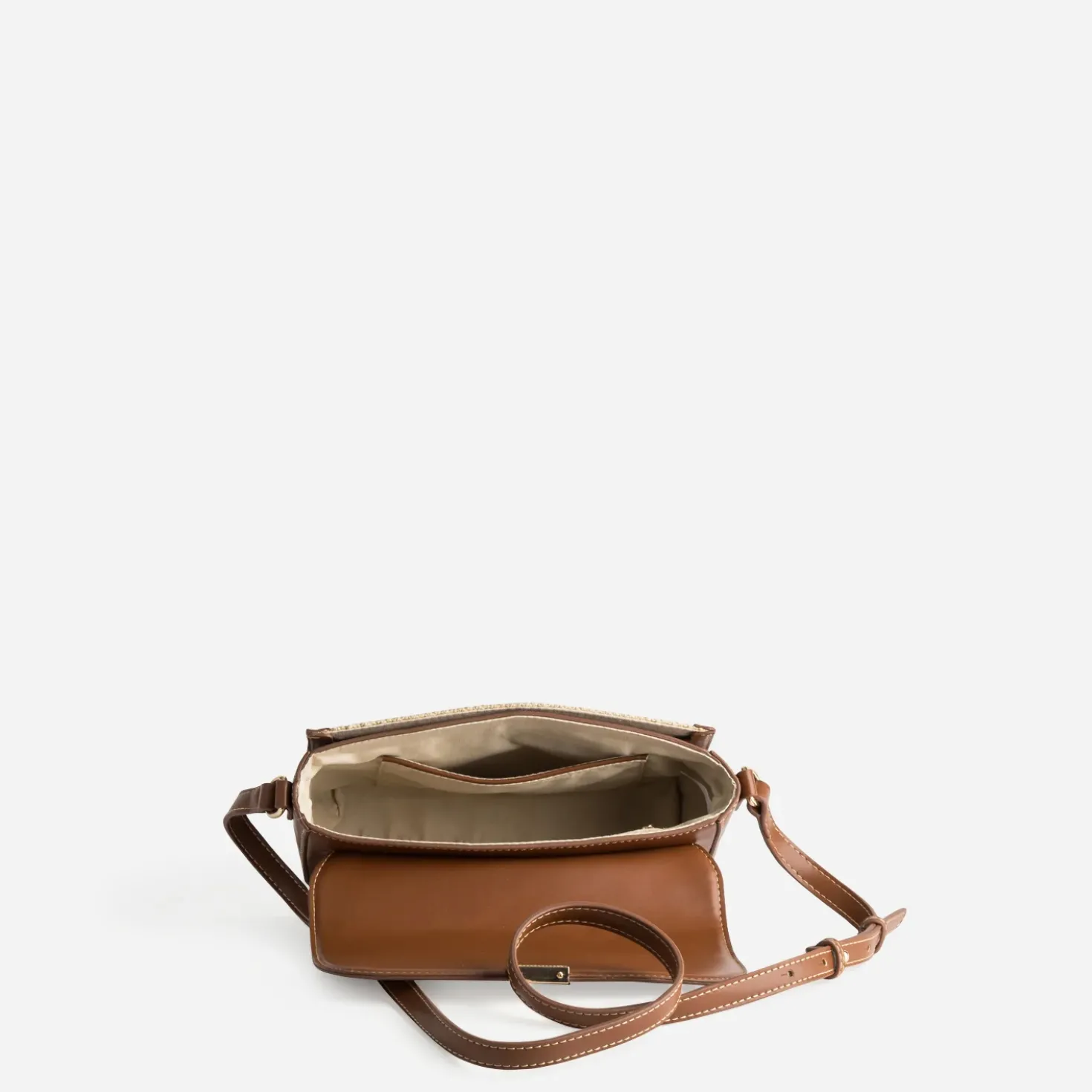 Sac à main beige tressé bordures cognac