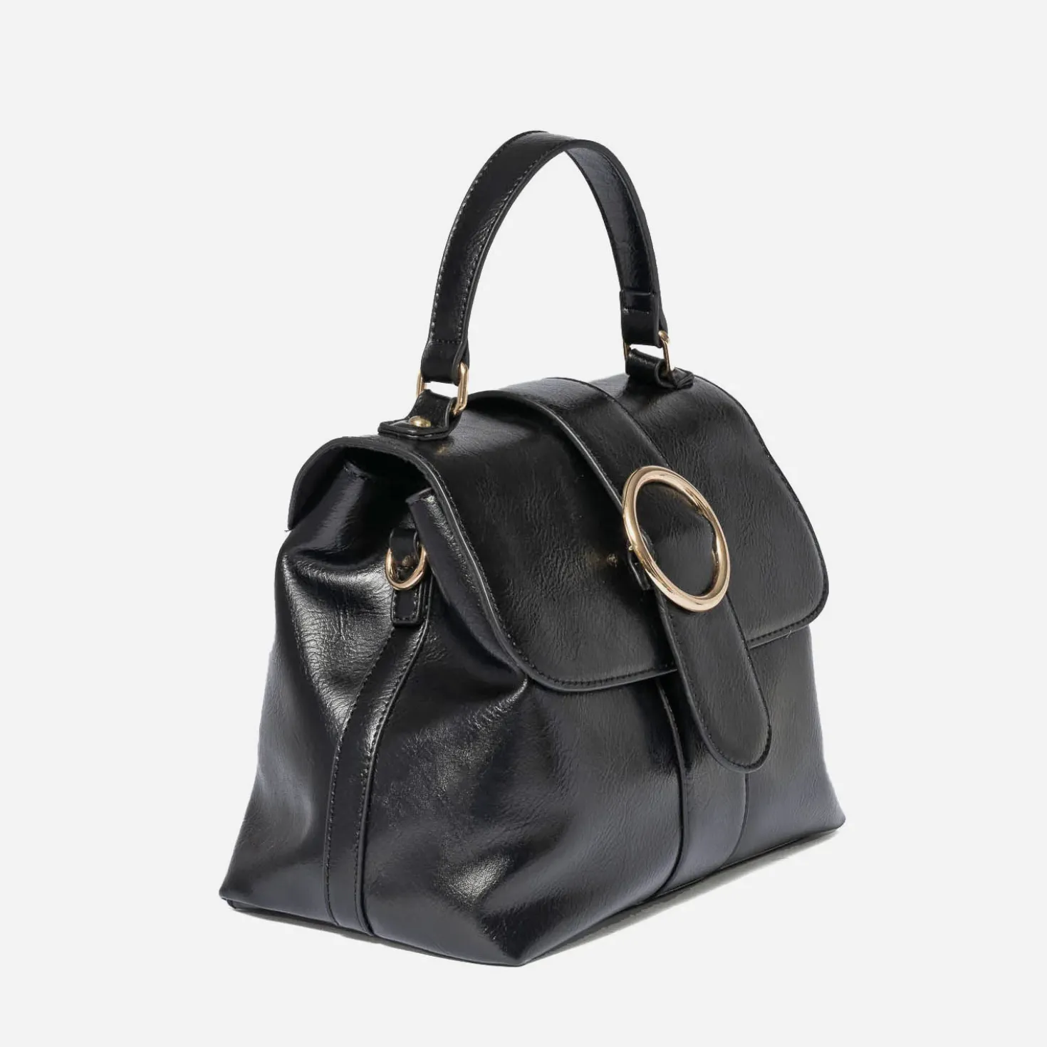 Sac à main noir avec boucle ronde métal