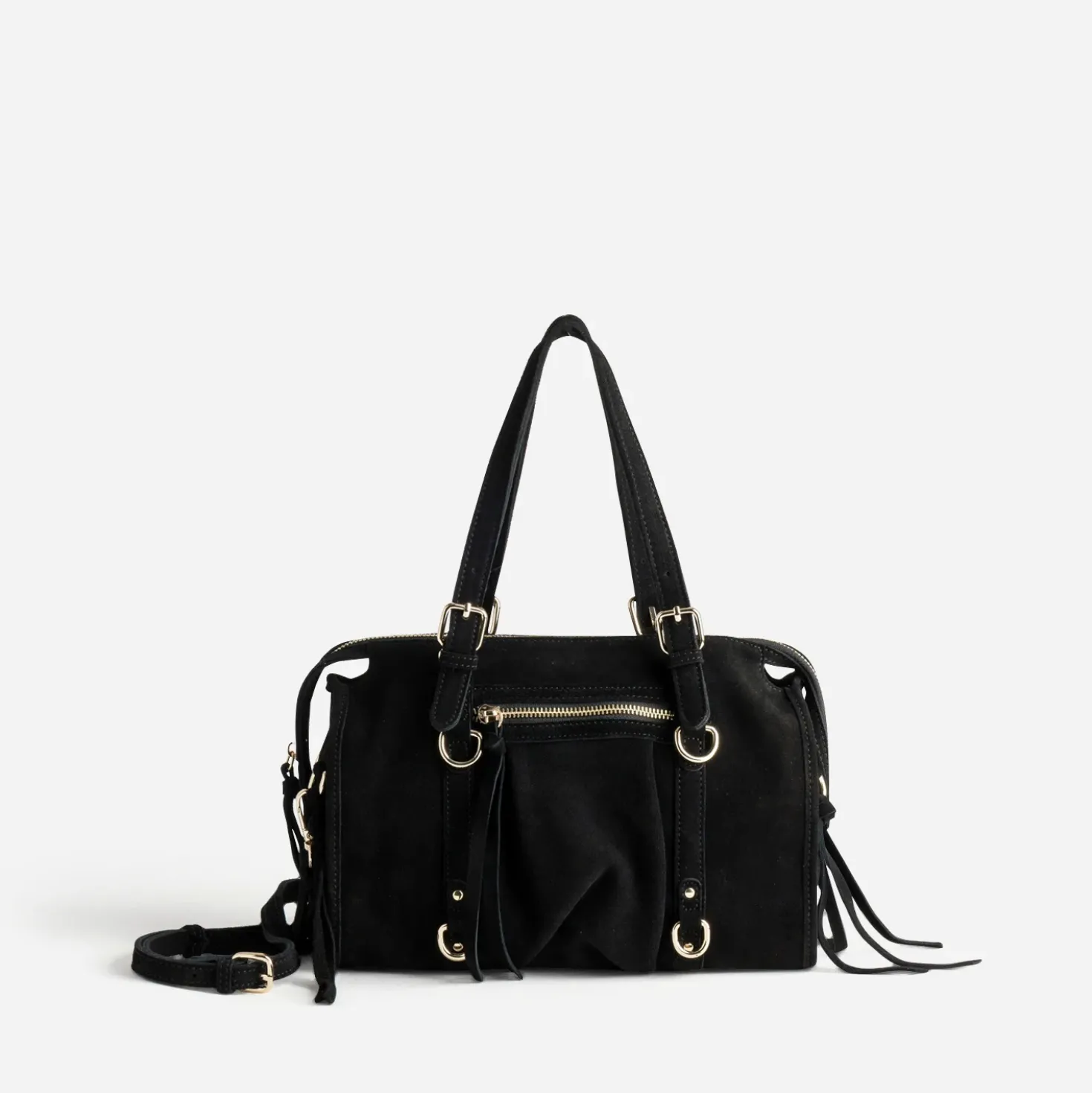 Sac à main noir cuir velours détail franges