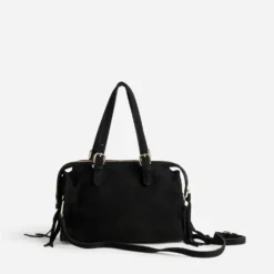 Sac à main noir cuir velours détail franges