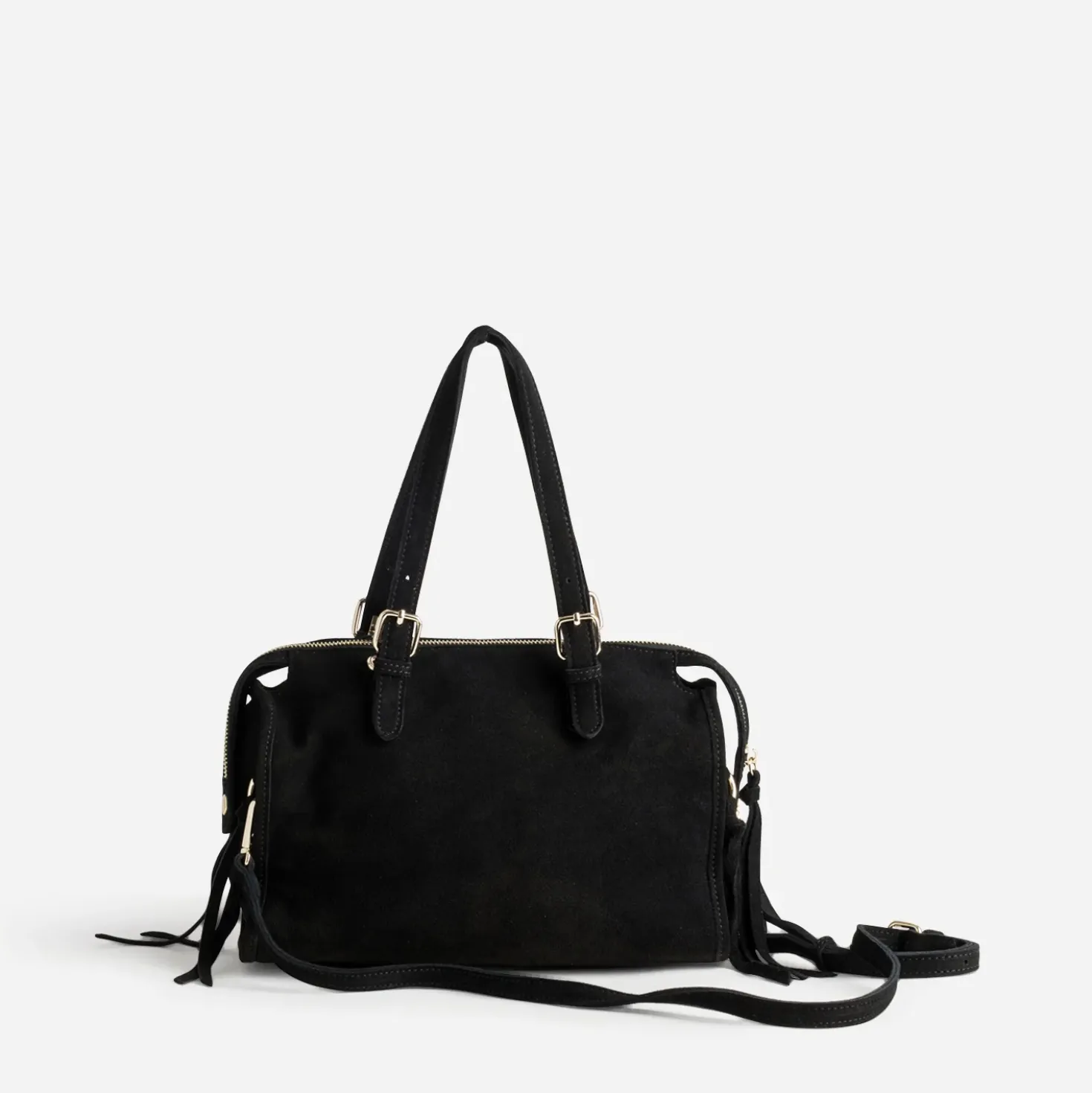 Sac à main noir cuir velours détail franges