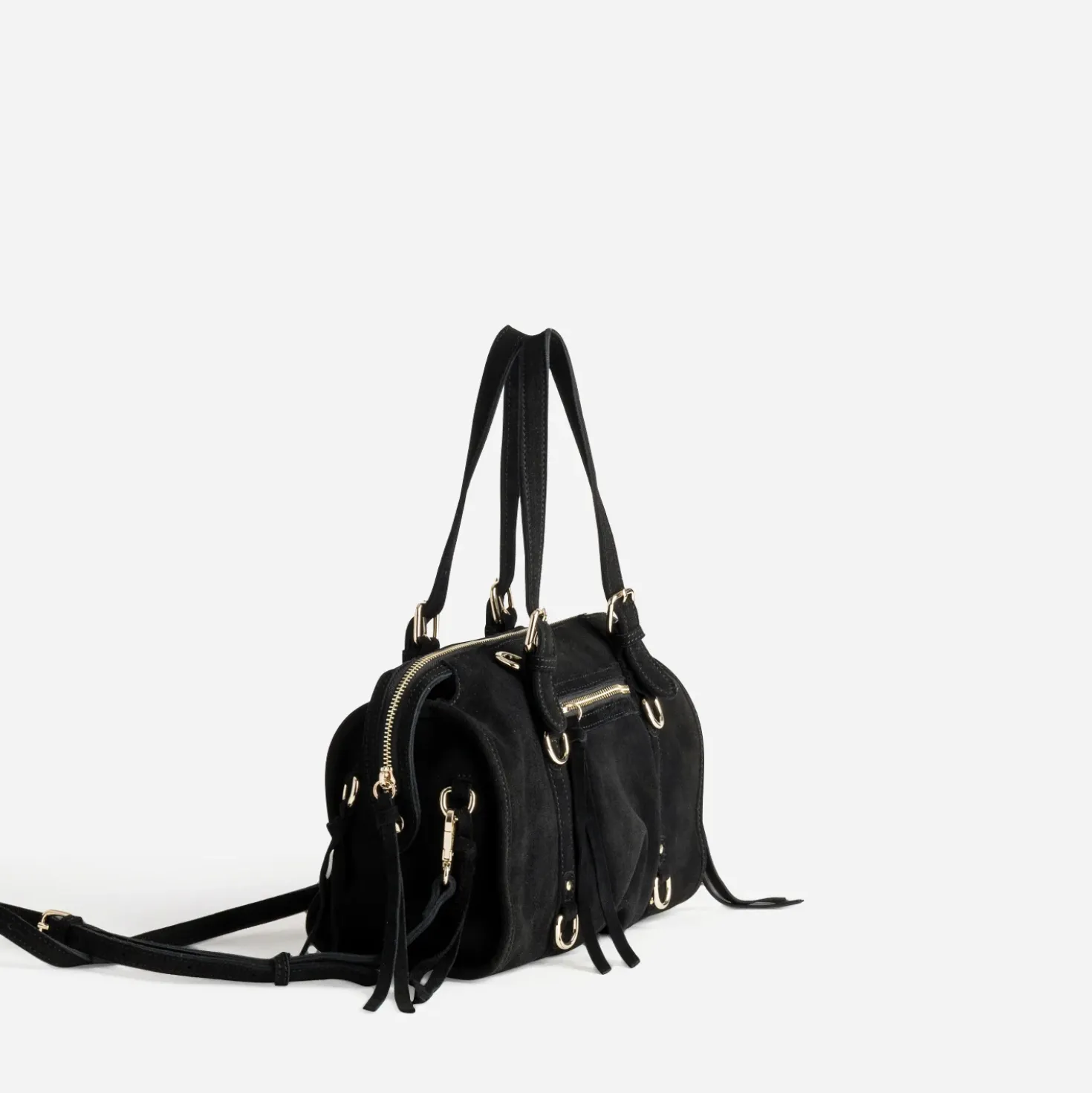 Sac à main noir cuir velours détail franges